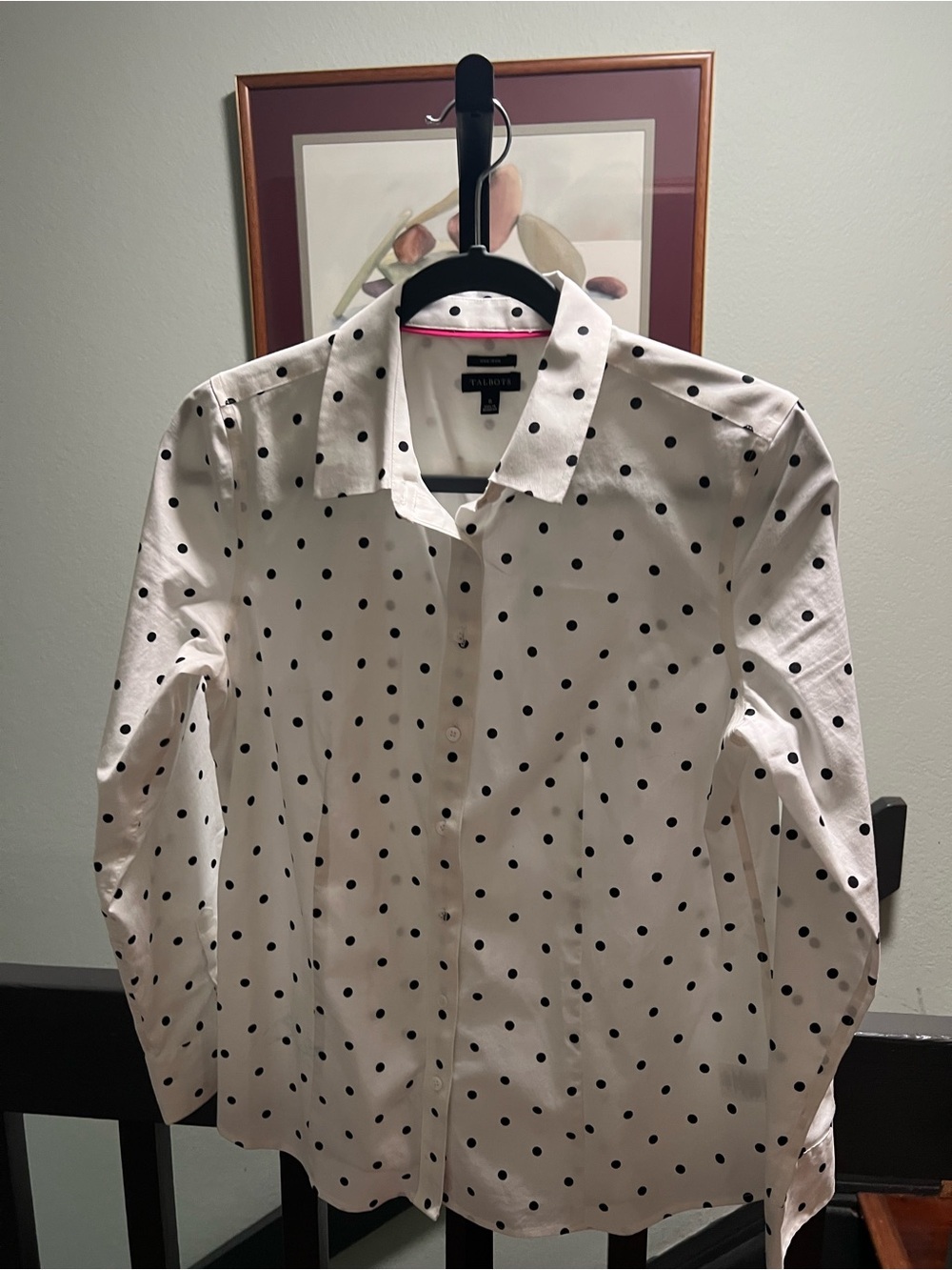 Talbots NO-Iron White Button-Up Shirt with Black Polka Dots Size 6 #078